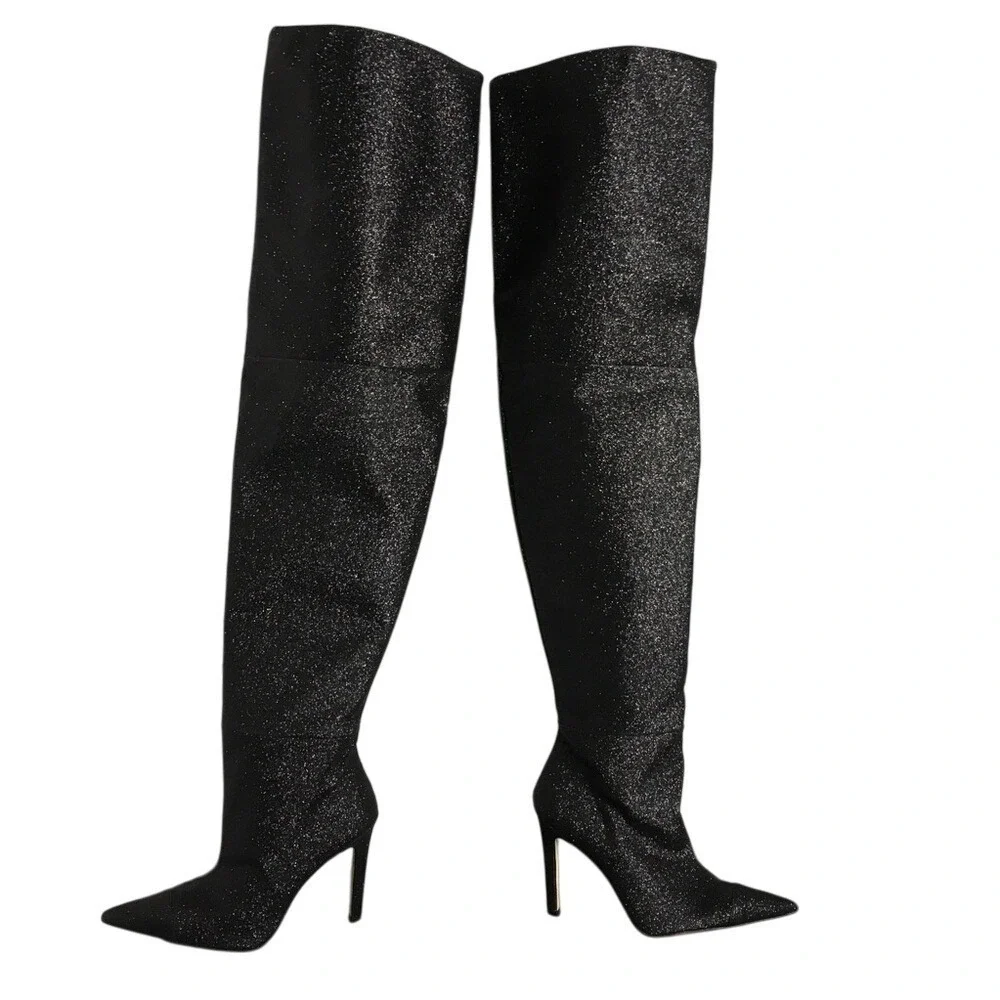 Black Glitter Thigh High Stiletto Boots Women's Sparkle Glamorous‎ Party Shoes
